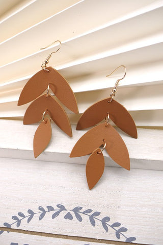 Leather Leaf Earrings - Camel