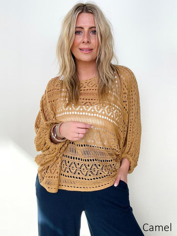 Open Knit Boatneck Sweater - Camel