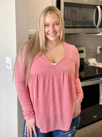 Coral Ribbed Vneck Top