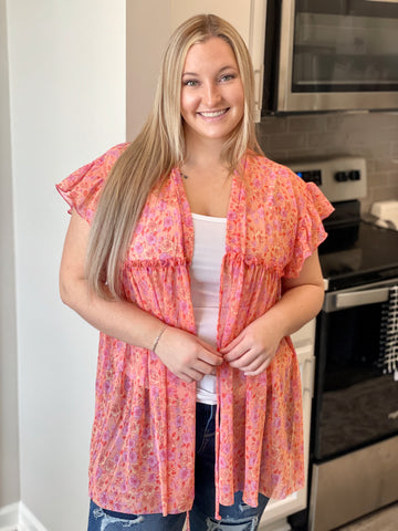 Floral Tie Front Kimono - Coral